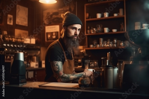 Portrait of a handsome barista in black t-shirt and apron sitting at the bar of the modern cafe