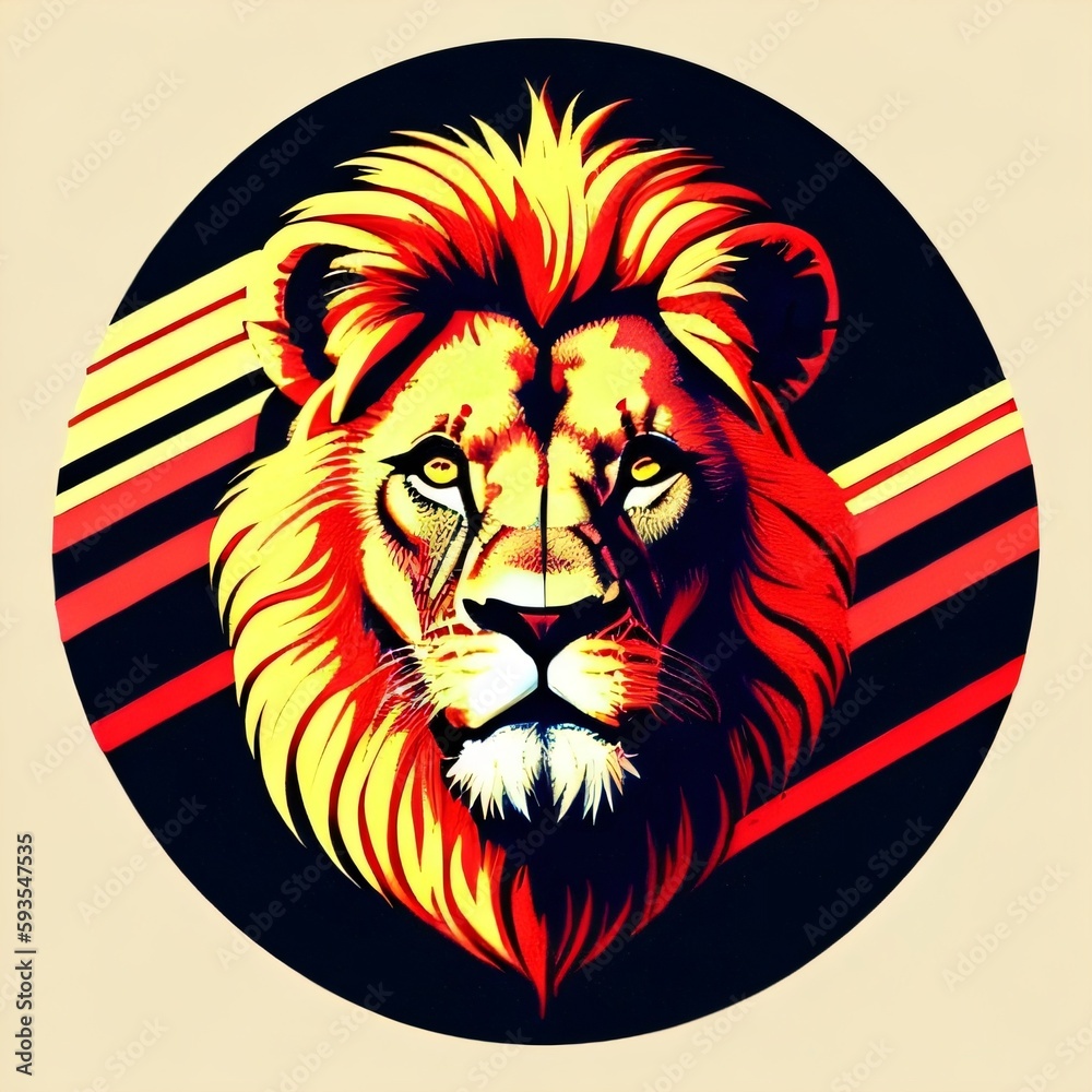 lion head in front. Lion head illustration. Lion, the head of a lion in a multi-colored flame. Abstract multicolored profile portrait of a lion head on a black background. Generative AI
