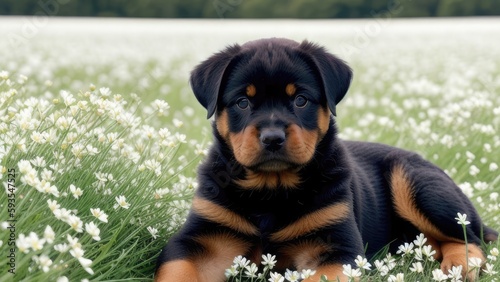 Rottweiler's schnecker plays on the grass