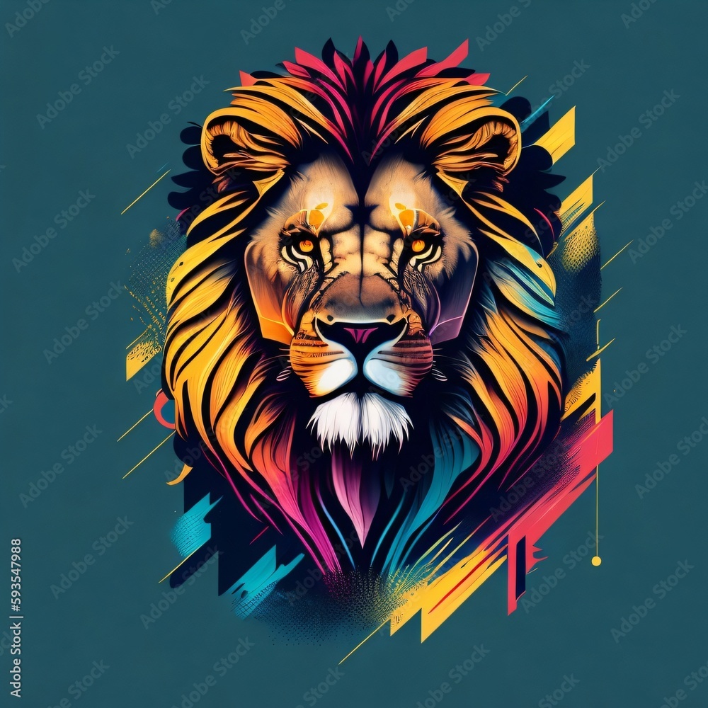 lion head in front. Lion head illustration. Roaring lion head mascot, colored version. Great for sports logos and team mascots. Generative AI