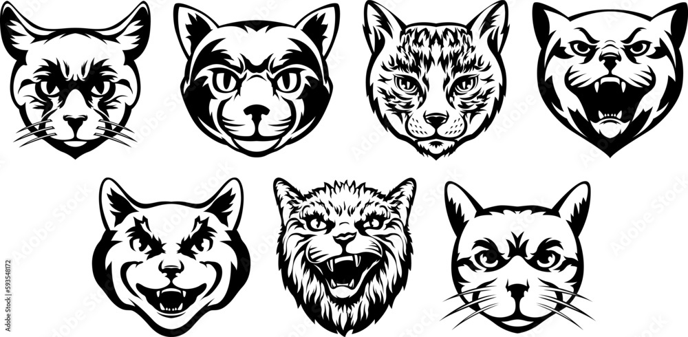 Heads of cats abstract character illustrations. Graphic logo design templates for emblem.