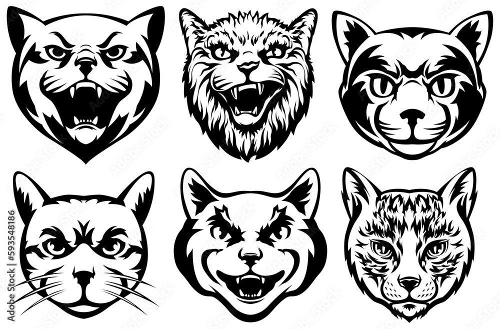 Heads of cats abstract character illustrations. Graphic logo design templates for emblem.