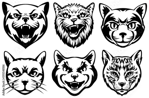 Heads of cats abstract character illustrations. Graphic logo design templates for emblem.