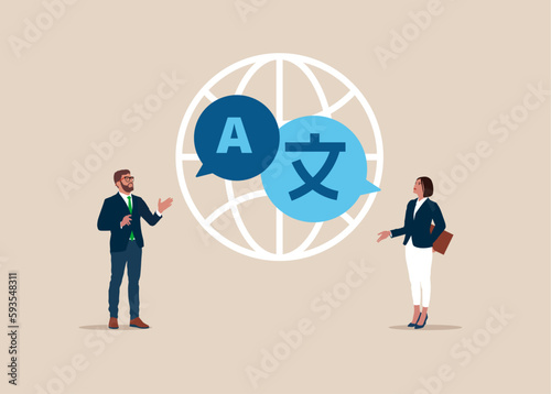 Online translator. People multi language communication. Linguist. Flat vector illustration