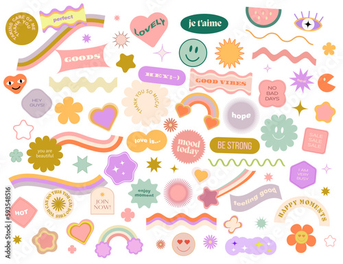 set of tags and retro stickers groovy