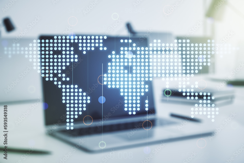 Multi exposure of abstract creative digital world map on modern laptop background, tourism and traveling concept concept Multi exposure of abstract creative digital world map on modern laptop background, tourism and traveling concept concept
