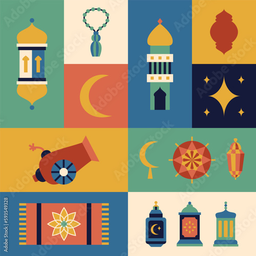Ramadan Flat Square Icons. Vector Illustration of Religious Islam Arabic Concept.