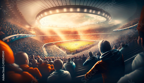 view inside soccer stadium with Fans on stadium game and audiences people celebration with sportlight colorful lighting background, Generative AI. photo