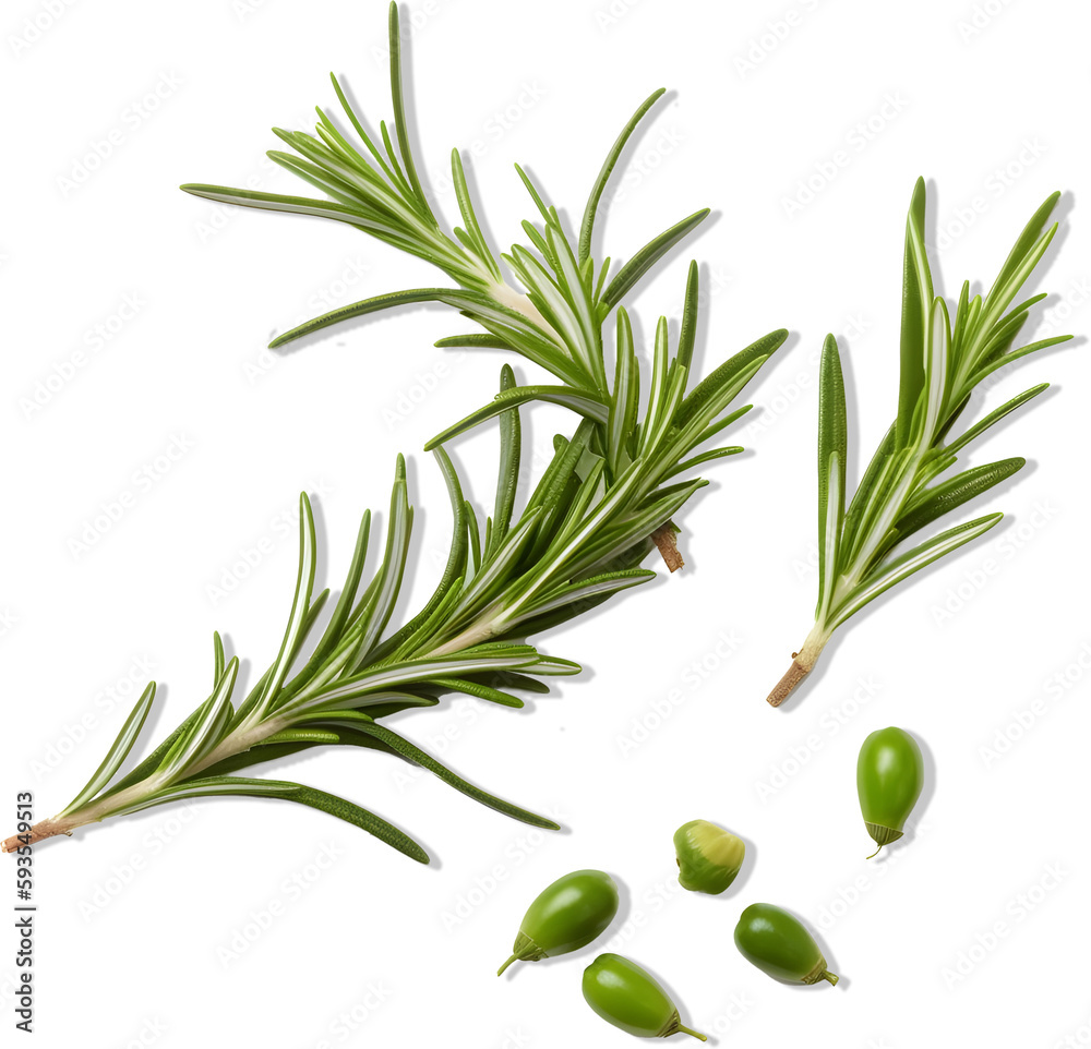 Fresh green organic rosemary leaves and pepper isolated on white background. Transparent background and natural transparent shadow; Ingredient, spice for cooking. collection for design