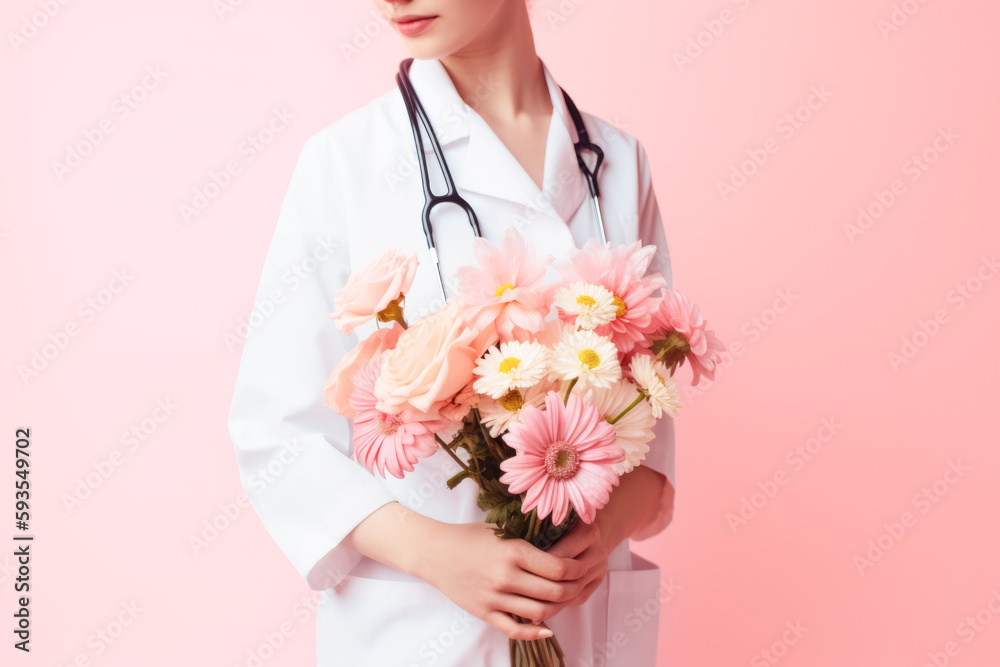 Woman doctor nurse holding a bouquet of flowers on a light pink