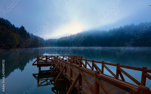 Morning evaporation of water over the lake - Amazing autumn landscape with Karagol (Black lake) - A popular destination Black Sea, Savsat, Artvin
