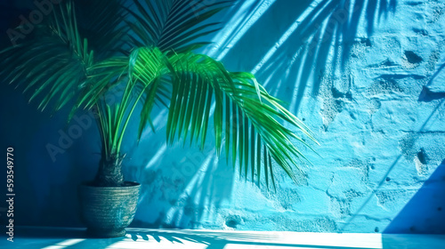 A pot with a tropical plant on the background of a concrete wall, generative AI.