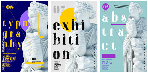 Art posters for the exhibition. A set of vector illustrations. Sculpture and plants. Painting in a modern style with classical elements.