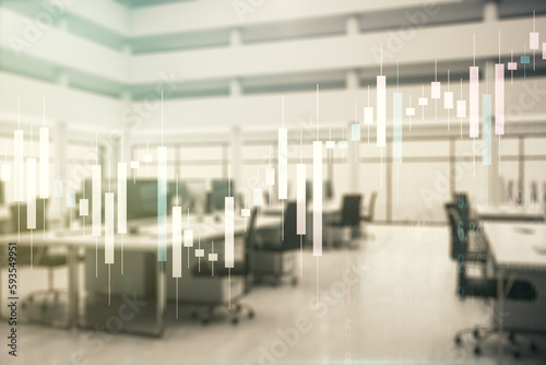 Double exposure of virtual creative financial diagram on a modern furnished office interior background, banking and accounting concept