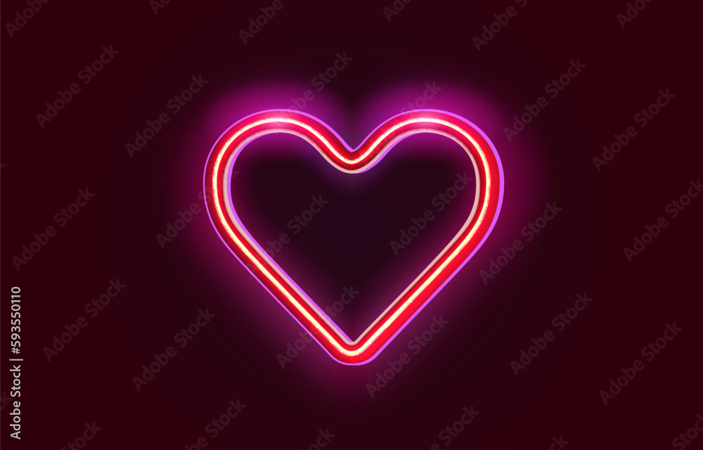 Neon heart signboard on the red background.