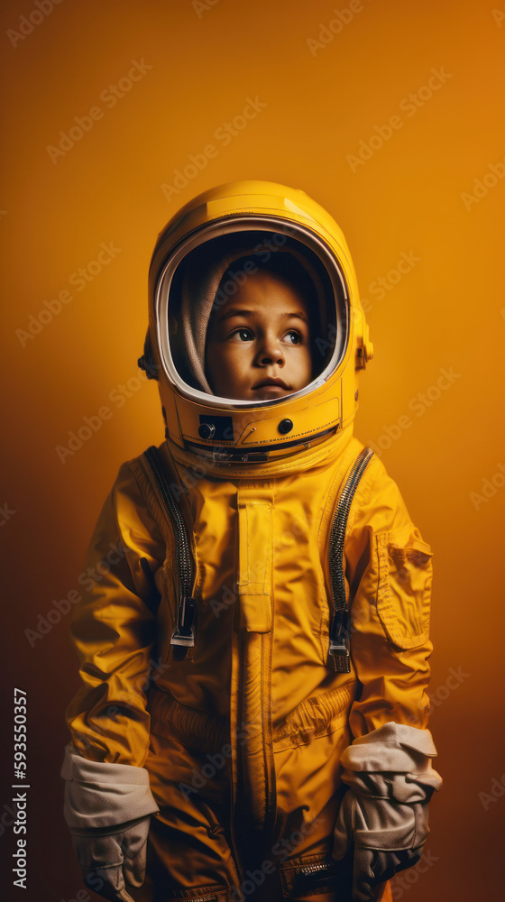 Little kid wearing spacesuit. Cosmonaut concept. Ai generated.