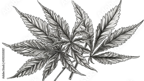 Black & White Hand Drawing Of Marijuana Leaves On Isolated Background, Generative Ai © Jaunali
