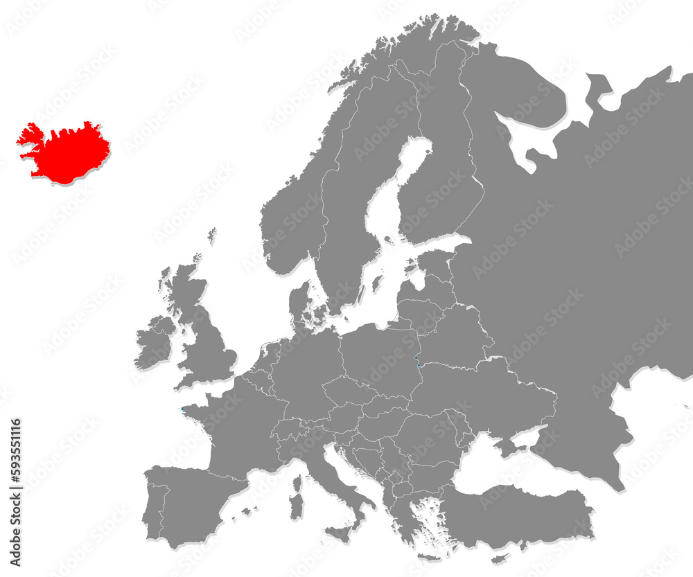 Map of Iceland highligted with red in Europe map