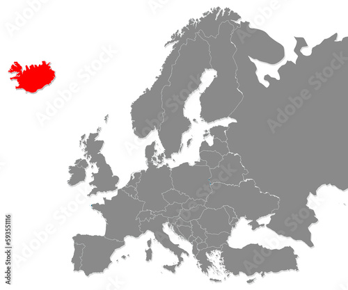 Map of Iceland highligted with red in Europe map