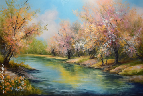 Springtime Bliss  A Magnificent Painting of Pink Blossoming Trees Along a River in Full Color Splendor