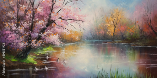 Springtime Bliss: A Magnificent Painting of Pink Blossoming Trees Along a River in Full Color Splendor