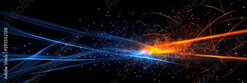 Banner black blue orange tech futuristic background, abstract glowing rays with flickering particles, plasma clot of energy, lines, dots, science and technology, generative ai.