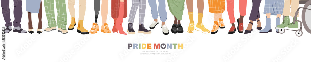 Pride Month banner. People stand side by side together. Flat vector illustration. Pride Month banner. People stand side by side together. Flat vector illustration.