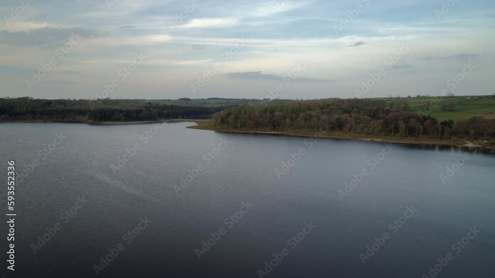 Establishing Aerial Drone Shot Flying Over Swinsty Reservoir in Yorkshire UK Establishing Aerial Drone Shot Flying Over Swinsty Reservoir in Yorkshire UK