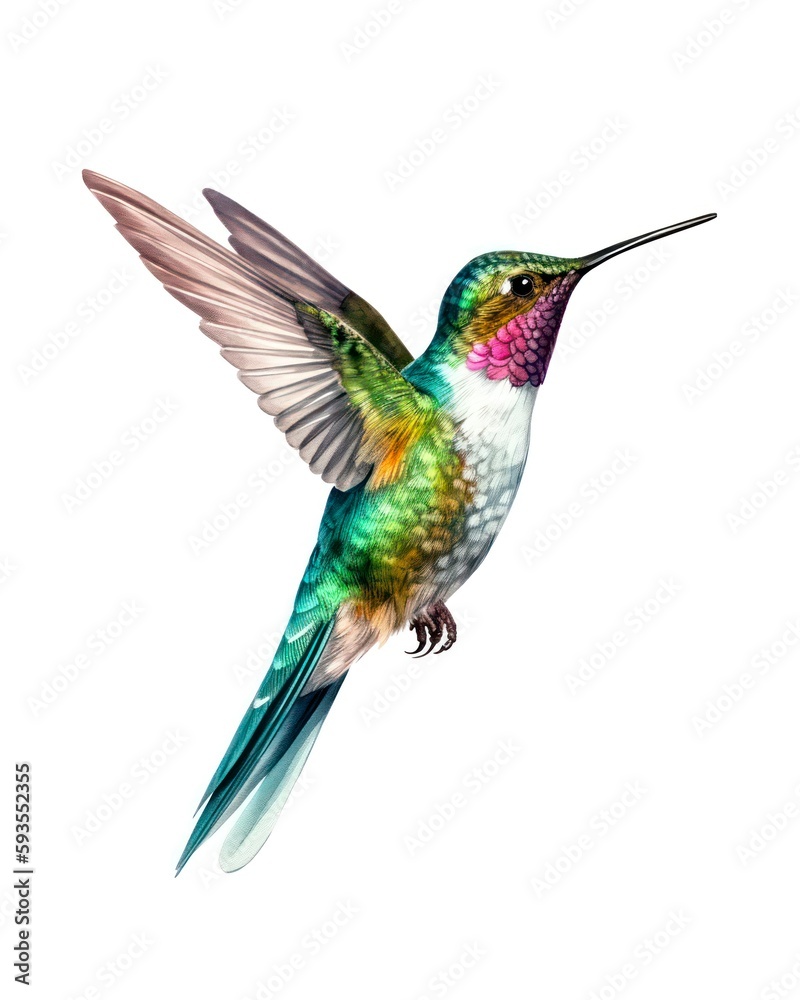 Fototapeta premium Watercolor illustration of a hummingbird isolated on white background. Beautiful tiny colibri bird. Generative AI.