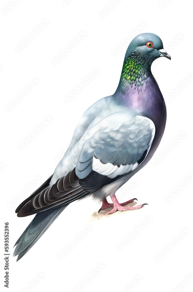 Obraz premium Watercolor illustration of a common pigeon isolated on white background. Aquarelle drawing of a rock dove. Generative AI.