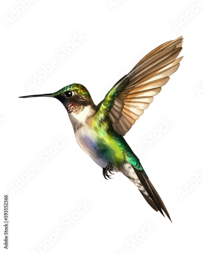 Watercolor illustration of a hummingbird isolated on white background. Beautiful tiny colibri bird. Generative AI.