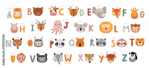 Fototapeta Naklejka Na Ścianę i Meble -  Cute Animals alphabet for kids education. Funny hand drawn style characters.