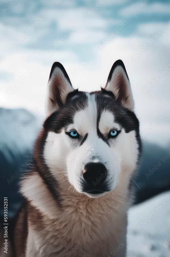 Siberian husky in front of abstract blurred background of snowy mountains. Generative AI. Siberian husky in front of abstract blurred background of snowy mountains. Generative AI.
