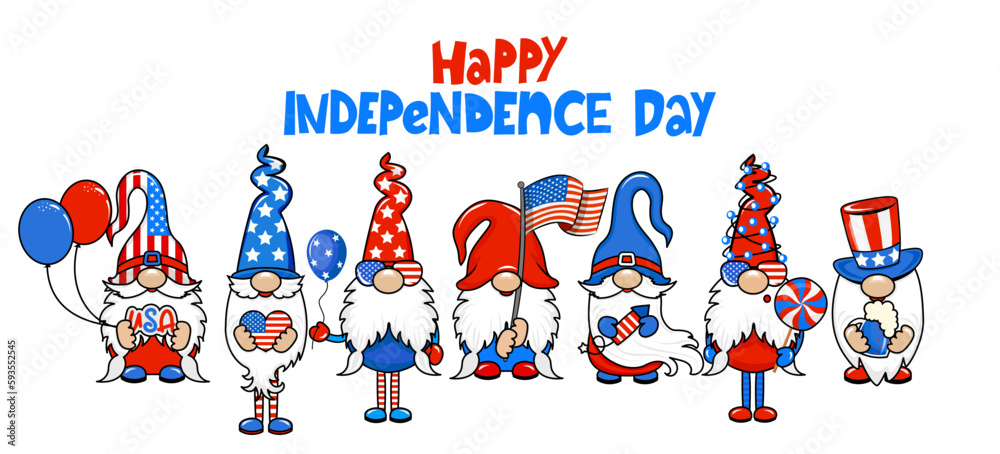 Happy 4th of July - Cute gnomes in 4th of July costume. Set of funny scandinavian elves with firework, balloons and flag. Happy 4th of july. Vector illustration in cartoon style.