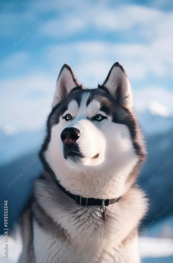 Siberian husky in front of abstract blurred background of snowy mountains. Generative AI. Siberian husky in front of abstract blurred background of snowy mountains. Generative AI.