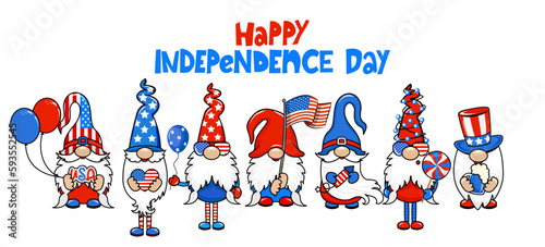 Happy 4th of July - Cute gnomes in 4th of July costume. Set of funny scandinavian elves with firework, balloons and flag. Happy 4th of july. Vector illustration in cartoon style.