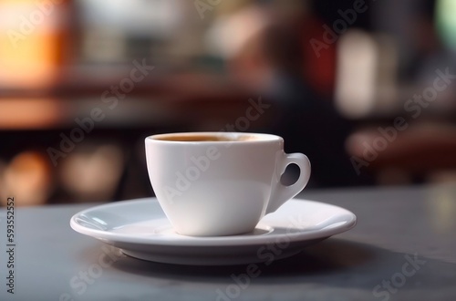 Cup of coffee on a table in front of abstract blurred background of cafe. Generative AI.