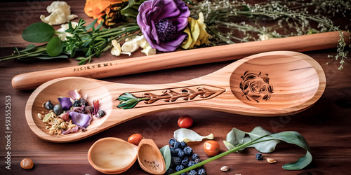 A wooden spoon and ingredients are arranged in a perfect art nouveau pattern. - generative ai