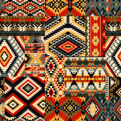 Native American traditional fabric patchwork abstract vector seamless pattern