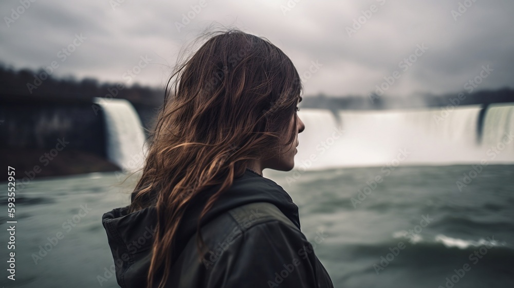 A captivating view of a woman overlooking Niagara Falls - Generative ai A captivating view of a woman overlooking Niagara Falls - Generative ai