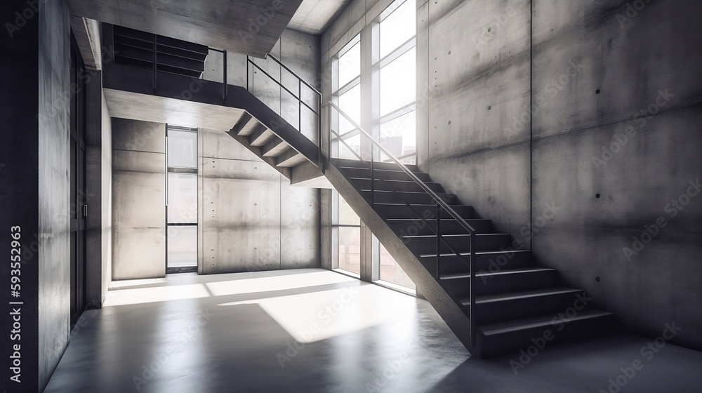 Concrete interior with large staircase and sunlight - Generative ai Concrete interior with large staircase and sunlight - Generative ai