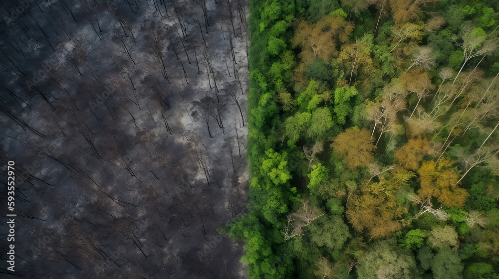 Aerial Split image of rain forest half green half burned - Generative ai Aerial Split image of rain forest half green half burned - Generative ai