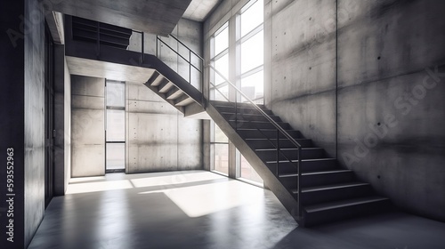 Concrete interior with large staircase and sunlight - Generative ai