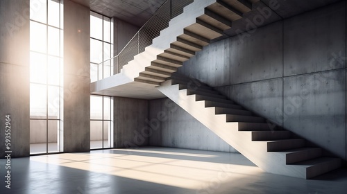 Modern concrete interior with empty room and staircase - Generative ai