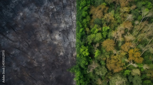 Aerial Split image of rain forest half green half burned - Generative ai