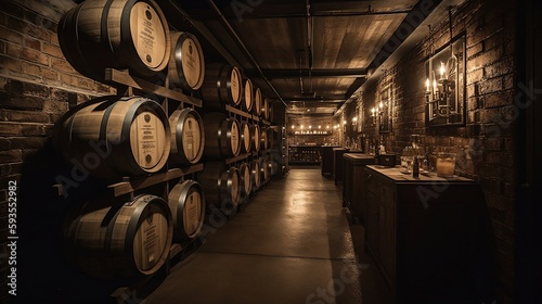 Wooden Barrel Room Interior for Alcohol Industry - Generative ai