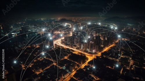 Aerial Panorama of a Smart City at Night - Generative ai