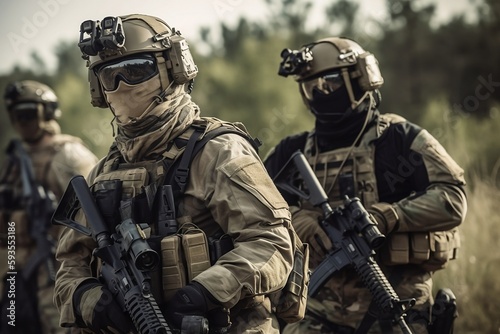 Soldiers in action with tactical gear outdoors - Generative ai