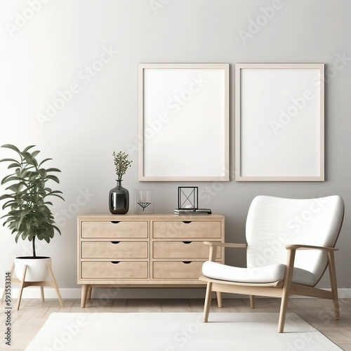 Two Vertical Blank Picture Frame Mockup on White Wall  White Living Room