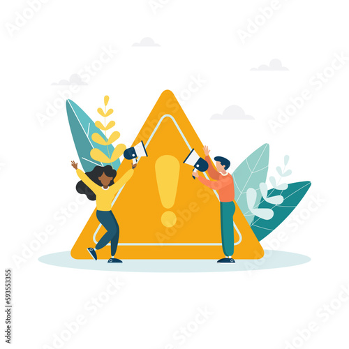 Important announcements, attention or warning information, breaking news or urgent messages, vigilance and caution concept. The guy and the girl announce by megaphone with an exclamation point of atte
